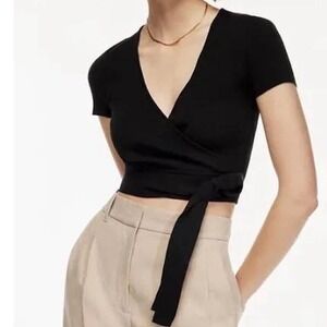 Wilfred Aritzia Wrap tie Cropped Short Sleeve Sweater Black Top Size 2XS